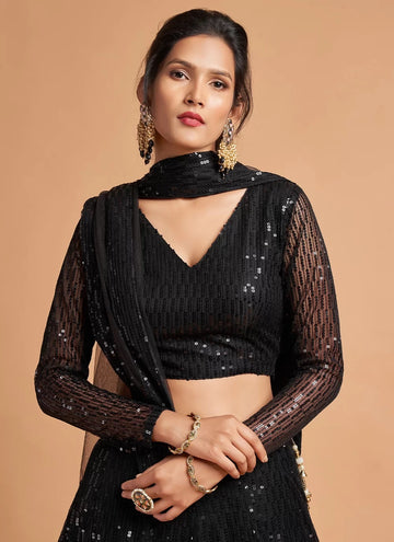 Black Ceremonial Net A Line Sequins Lehenga Choli