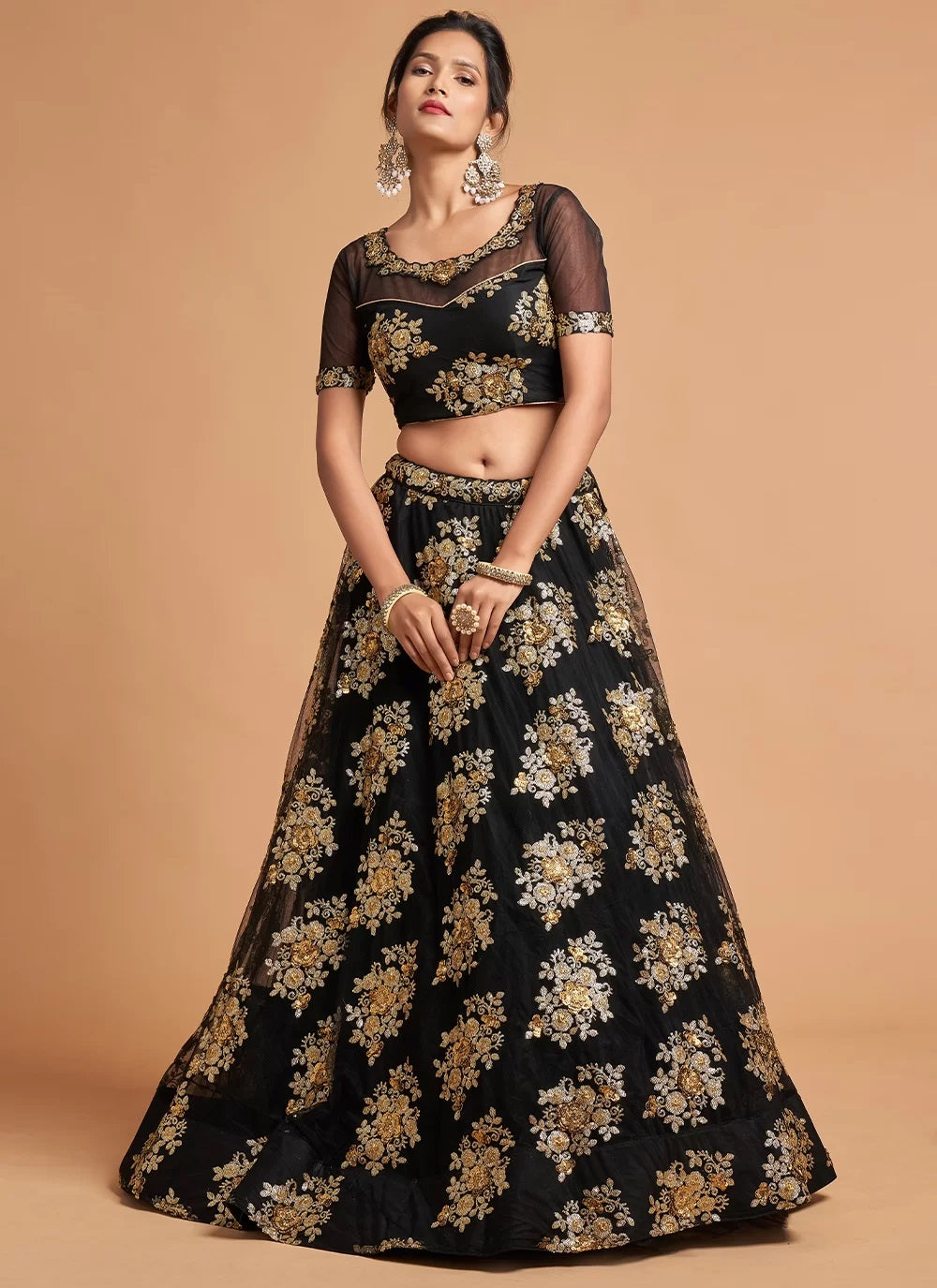 Black Color Net A Line Embroidered Lehenga