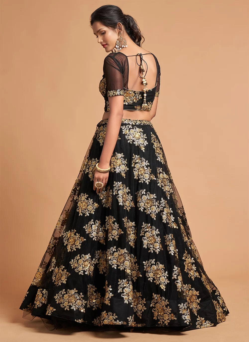 Black Color Net A Line Embroidered Lehenga