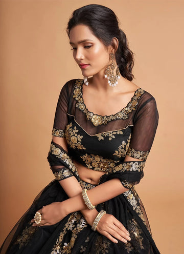 Black Color Net A Line Embroidered Lehenga