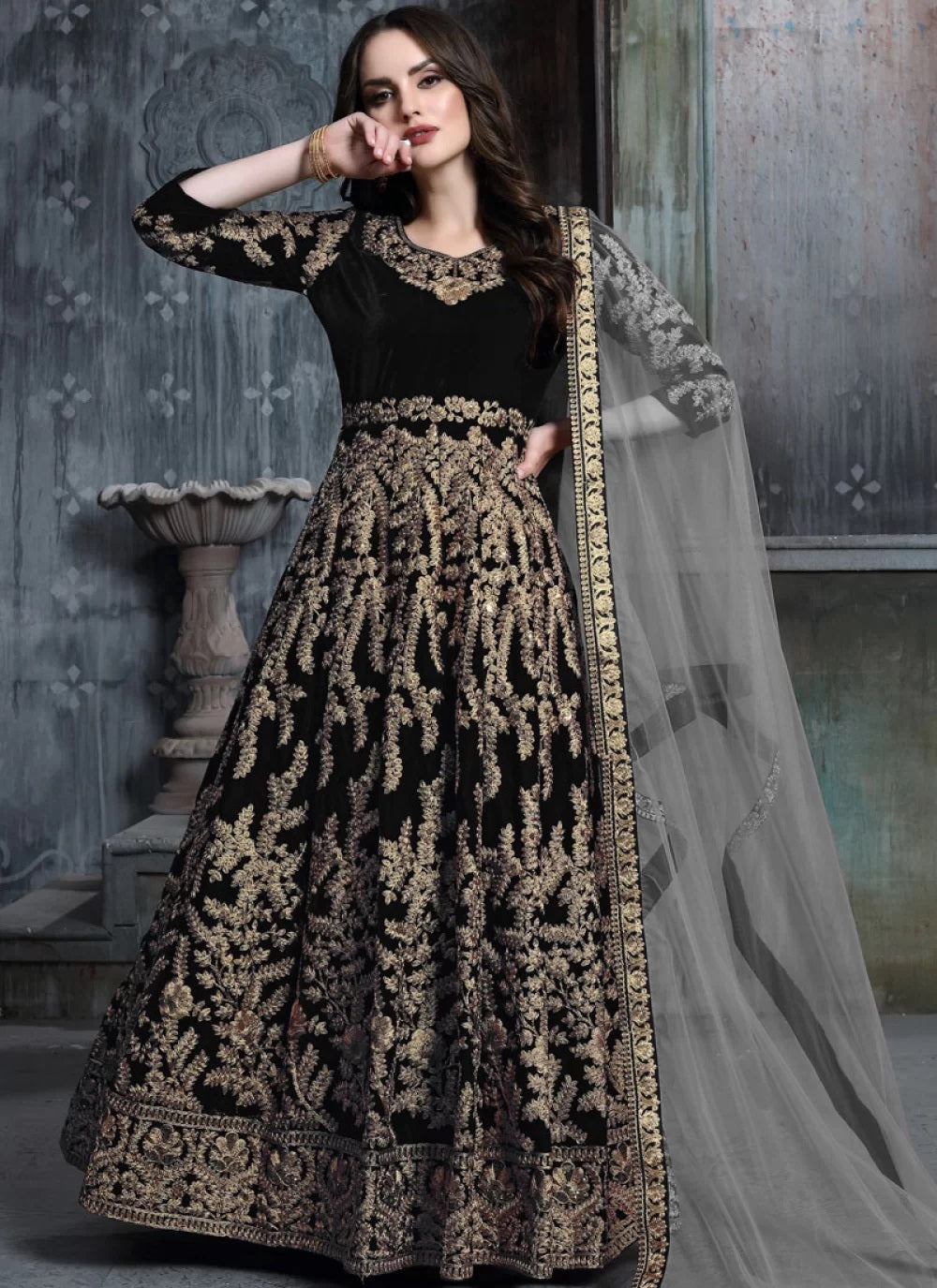 Black Color Zari Embroidered Velvet Salwar Suit