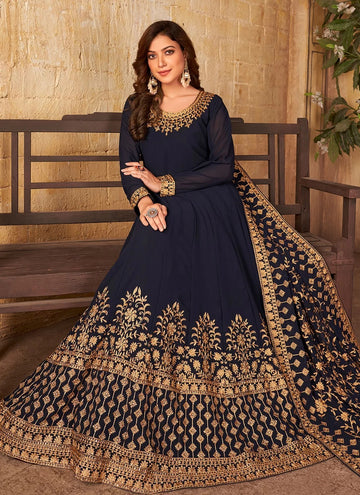 Blue Embroidered Faux Georgette Anarkali Salwar Kameez