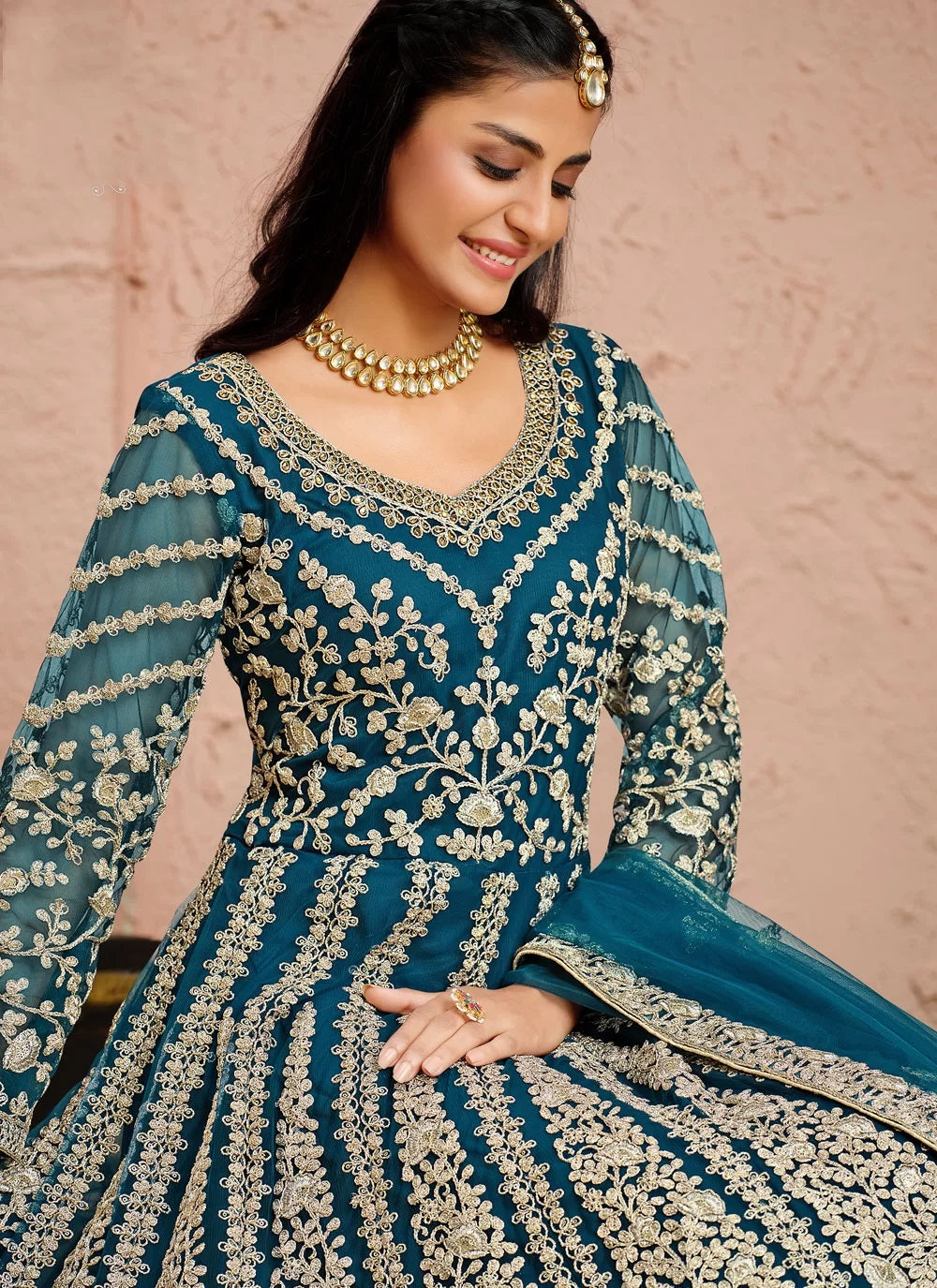 Blue Embroidered Indian Floor Length Suit