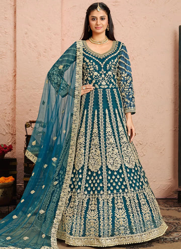 Blue Embroidered Indian Floor Length Suit