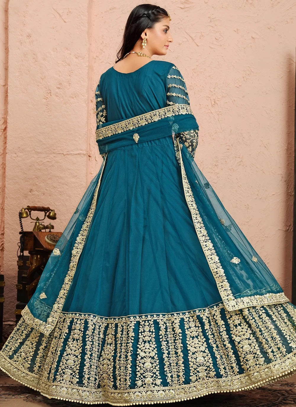 Blue Embroidered Indian Floor Length Suit