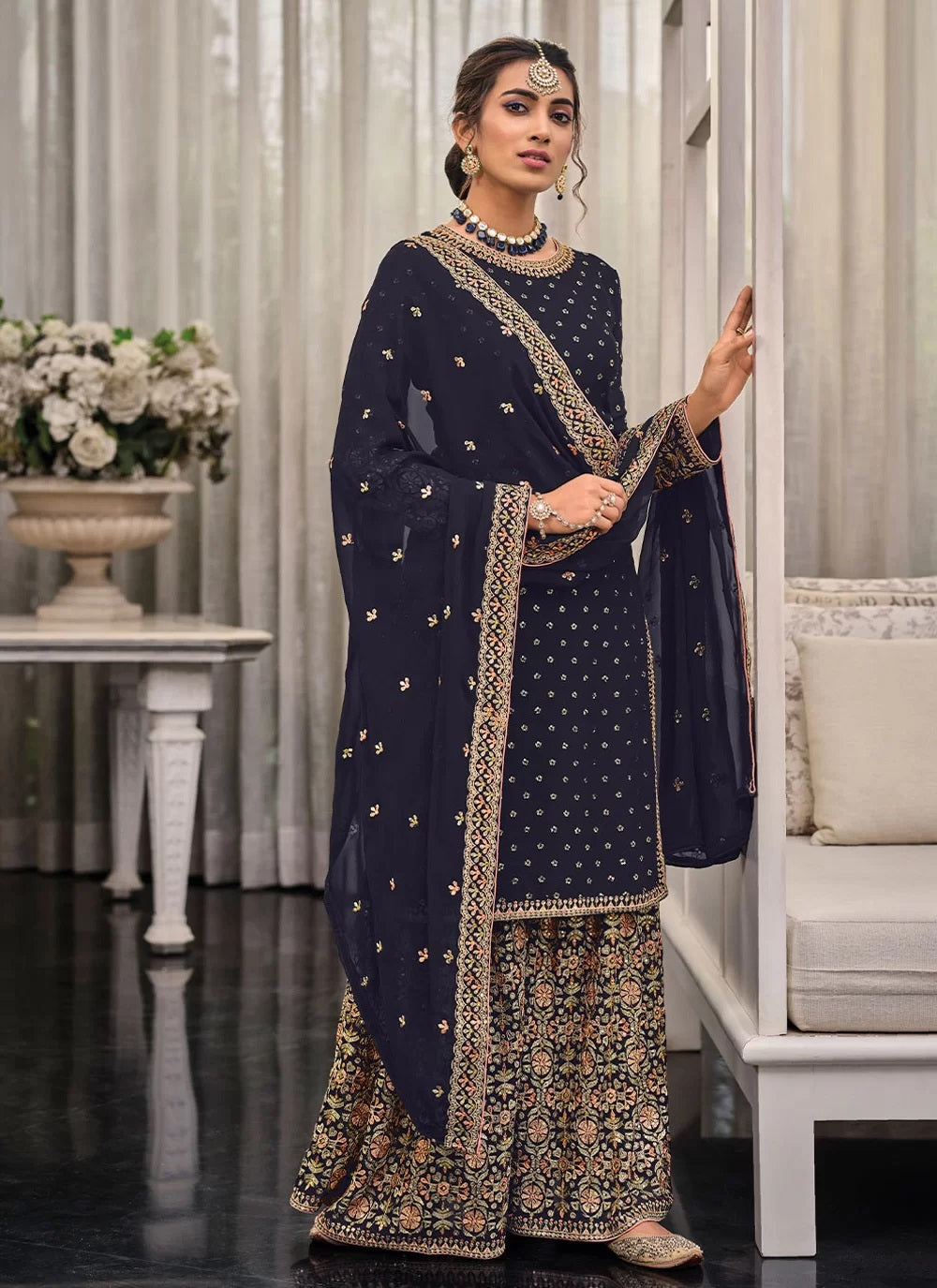 Blue Embroidered Readymade Palazzo Salwar Suit