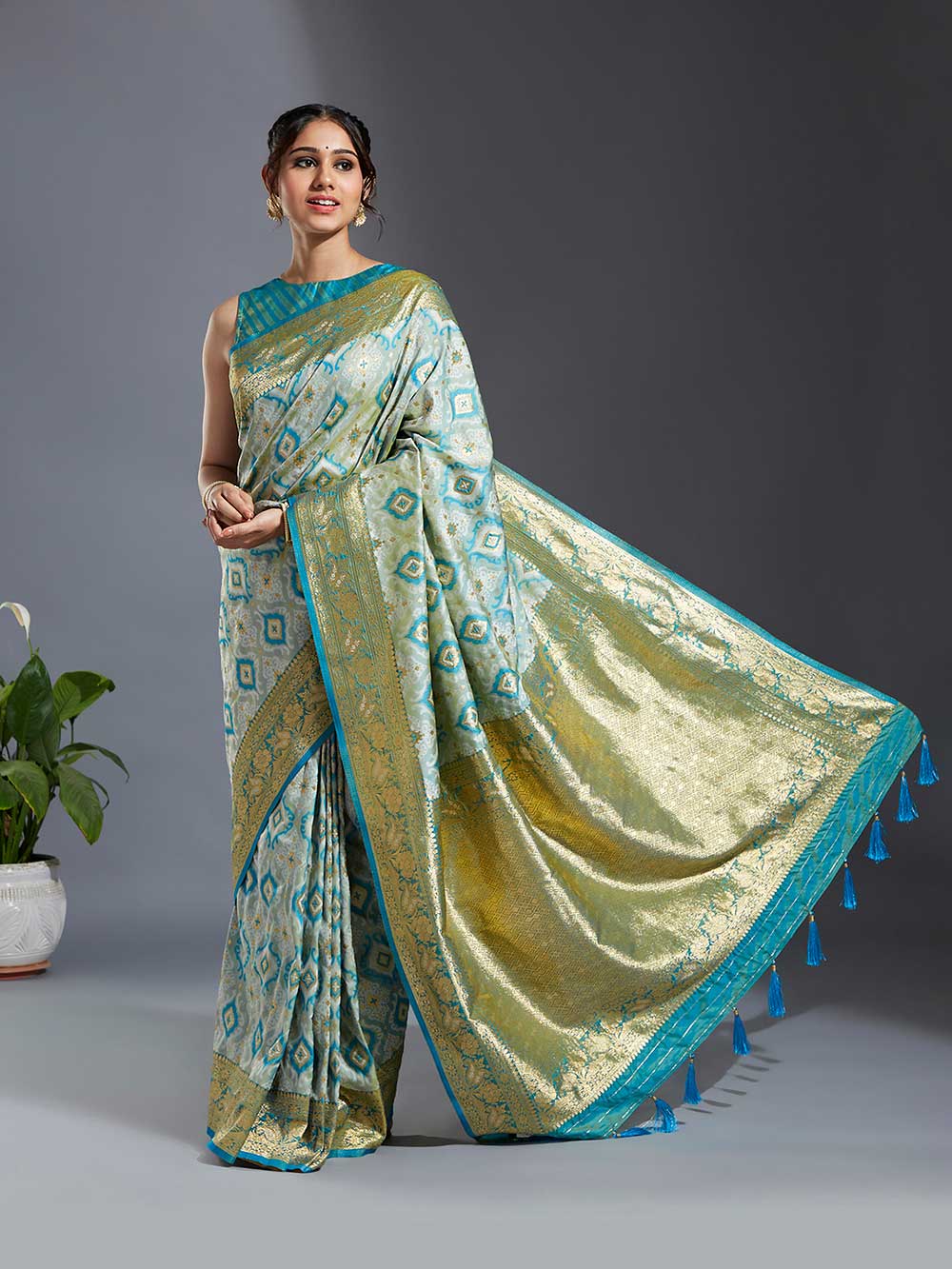 Blue & Golden Satin Paisley Zari Woven Banarasi Saree