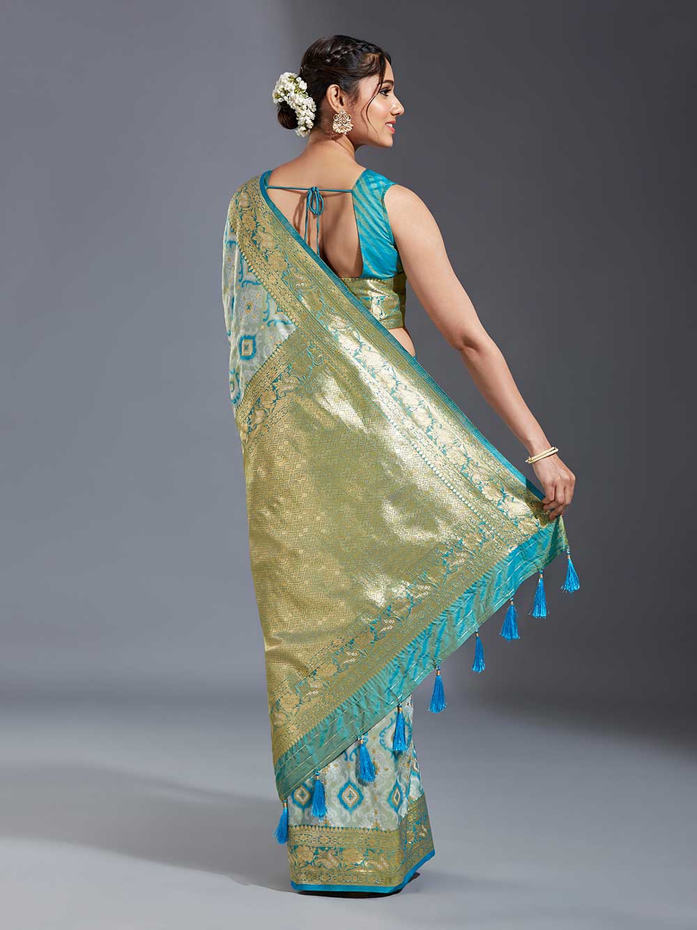 Blue & Golden Satin Paisley Zari Woven Banarasi Saree