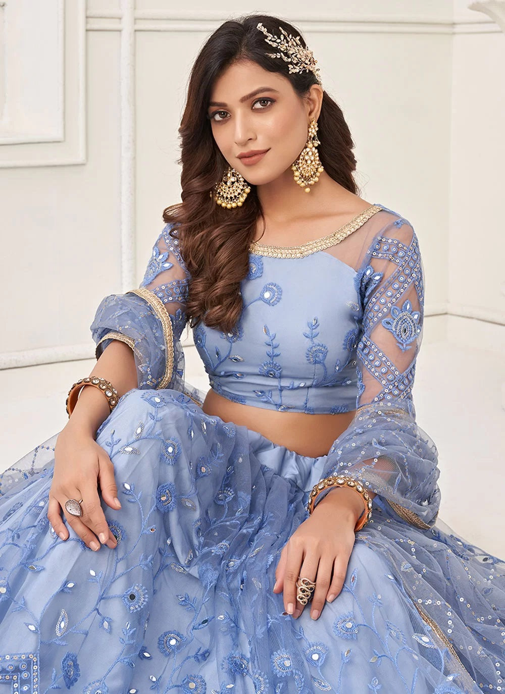 Blue Net Embroidered, Sequins And Thread Work Indian wear Lehenga