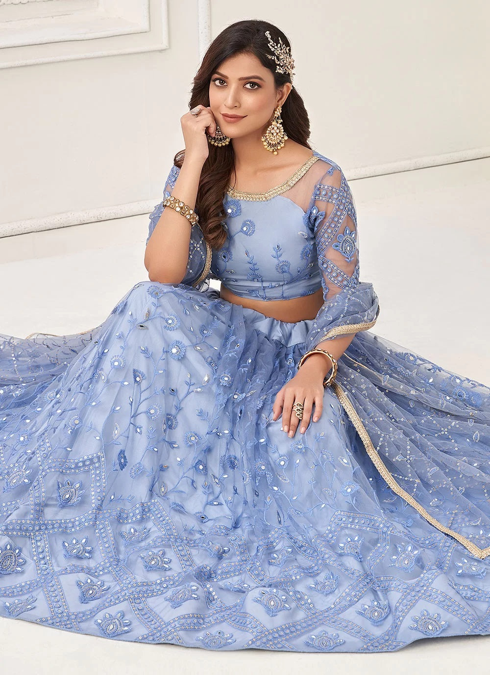 Blue Net Embroidered, Sequins And Thread Work Indian wear Lehenga