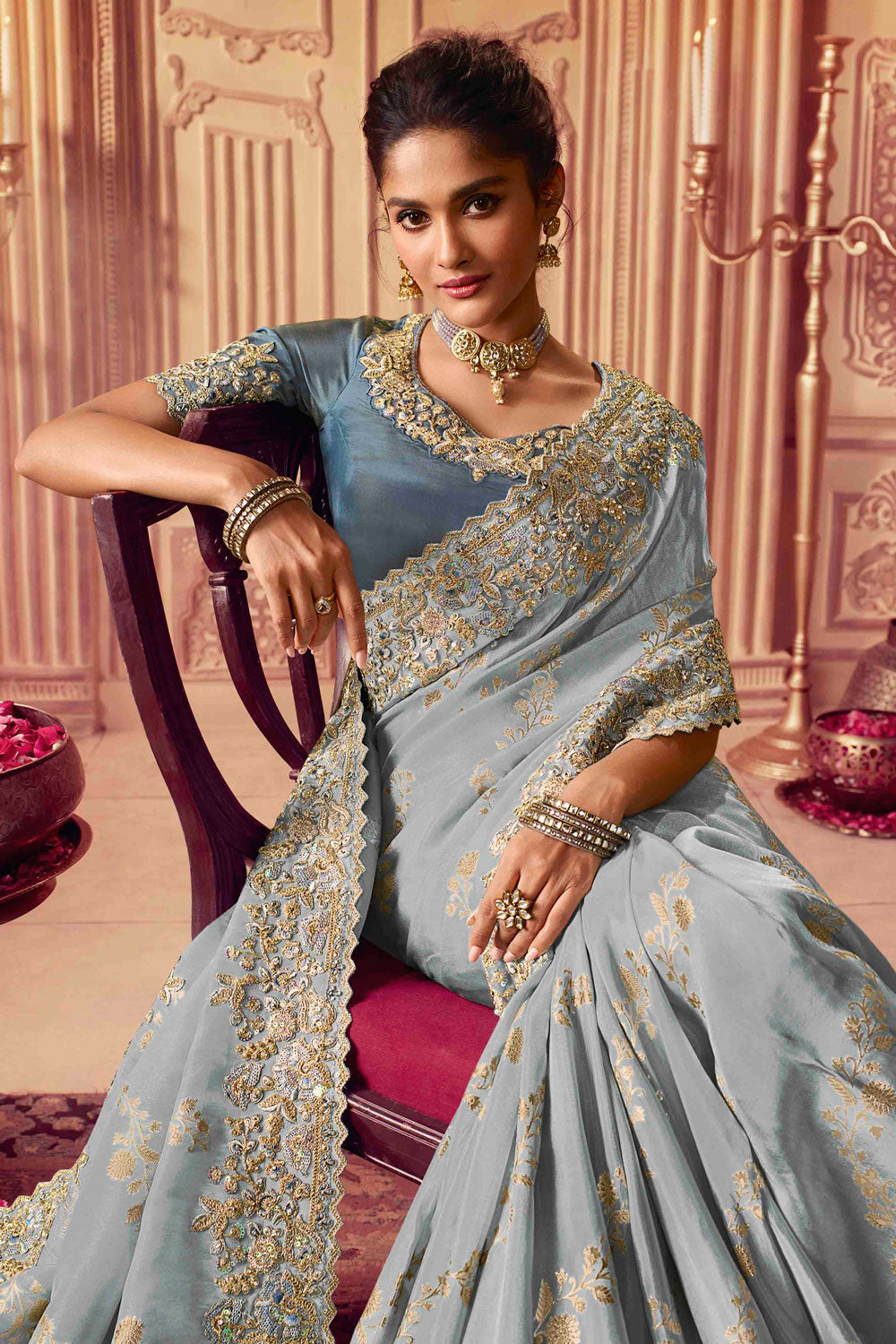 Blue Royal Golden Smoke Viscose Designer Saree