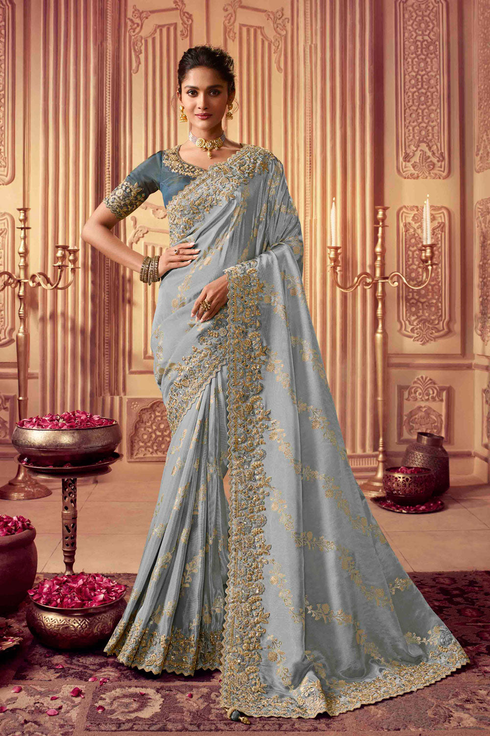 Blue Royal Golden Smoke Viscose Designer Saree