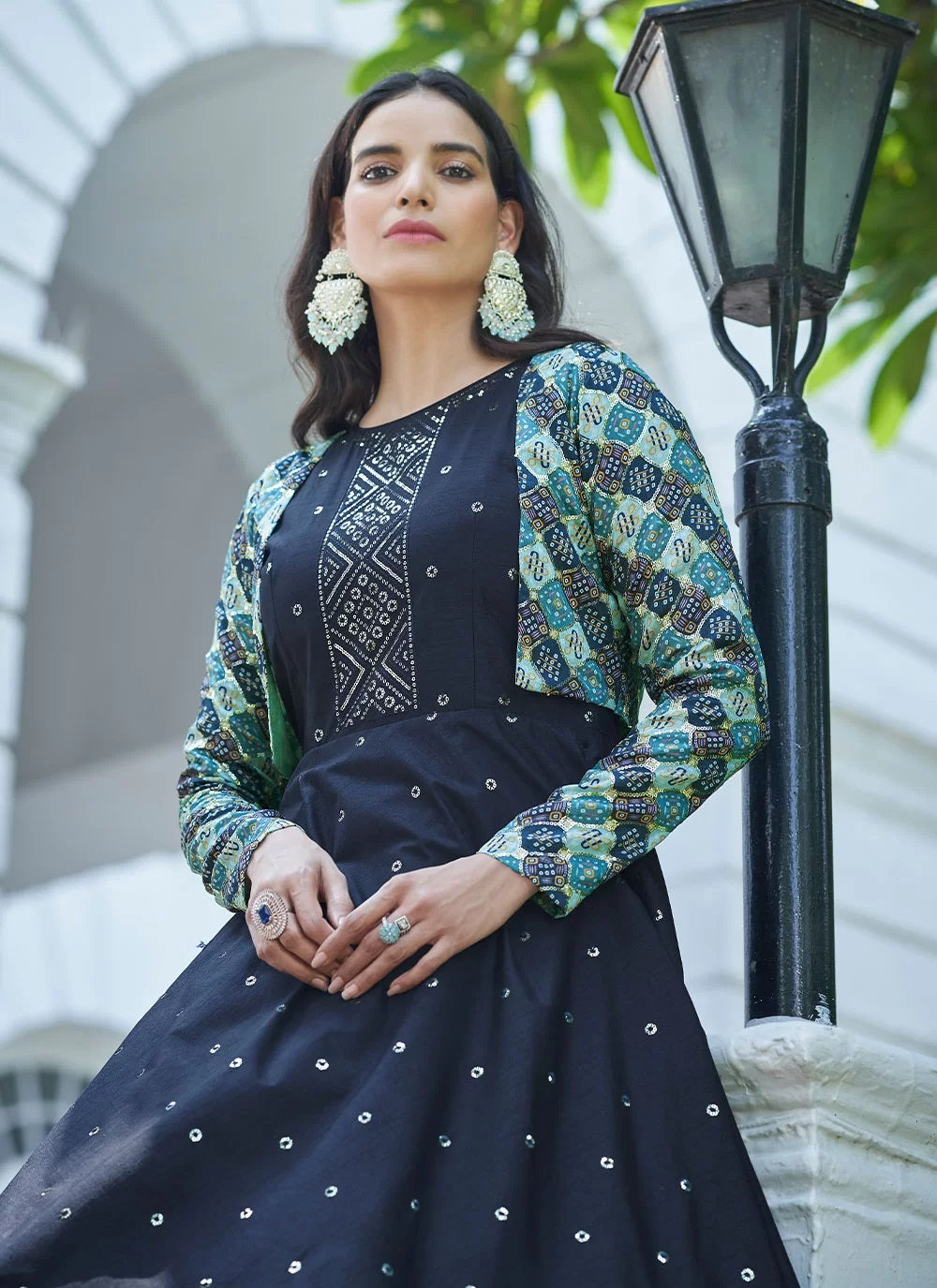Shop Blue Sequins Cotton Designer Jacket Style Gown
