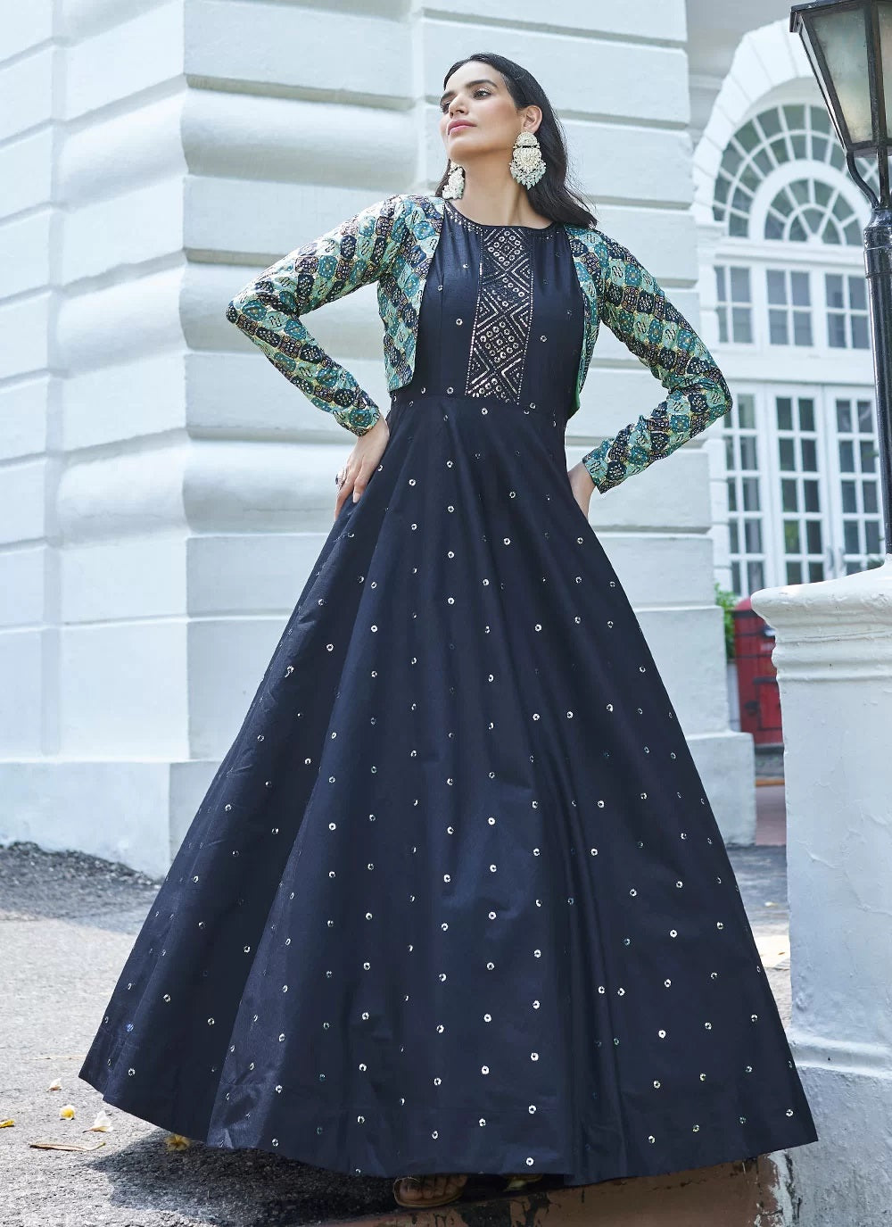 Blue Sequins Cotton Designer Jacket Style Gown