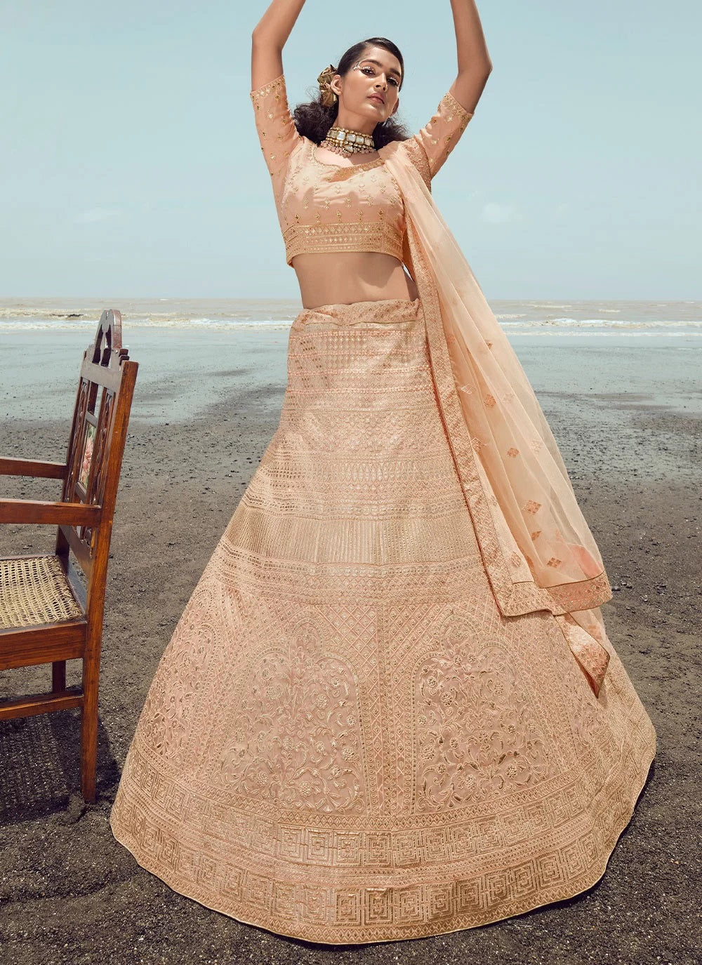 Bridal Thread A Line Lehenga Choli In Peach