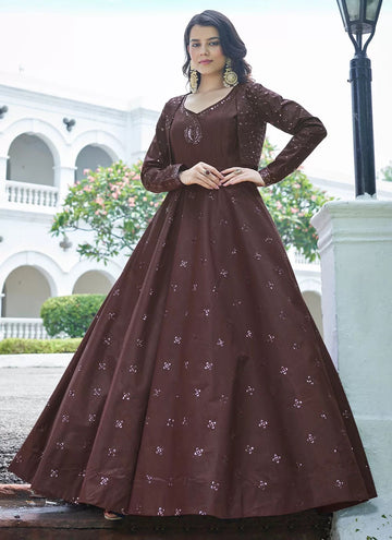 Brown Color Embroidered Cotton Koti Style Gown