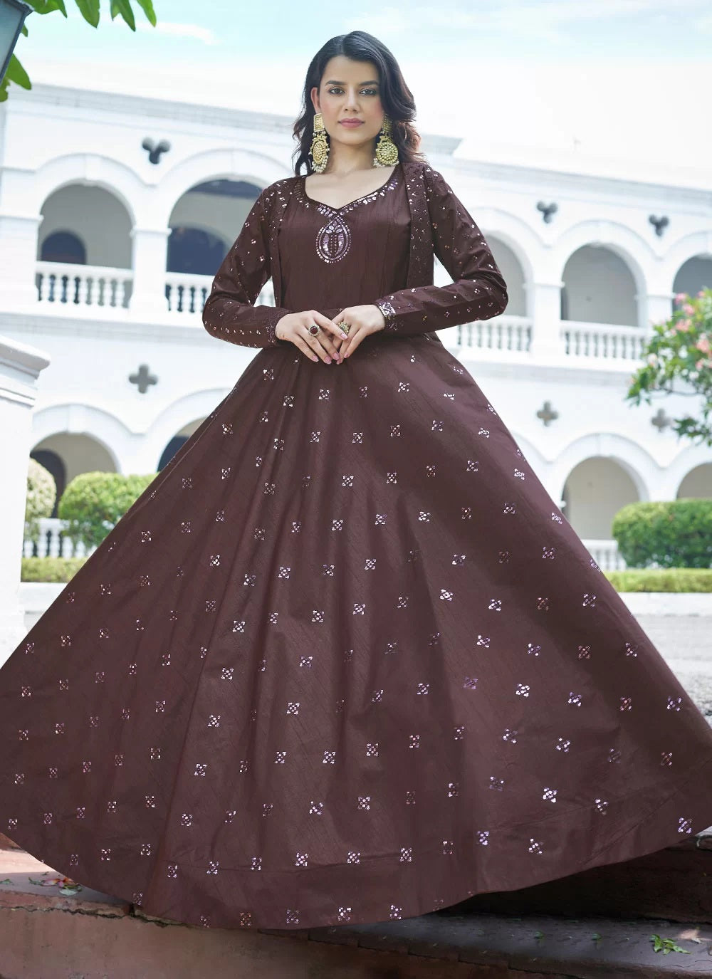 Brown Color Embroidered Cotton Koti Style Gown