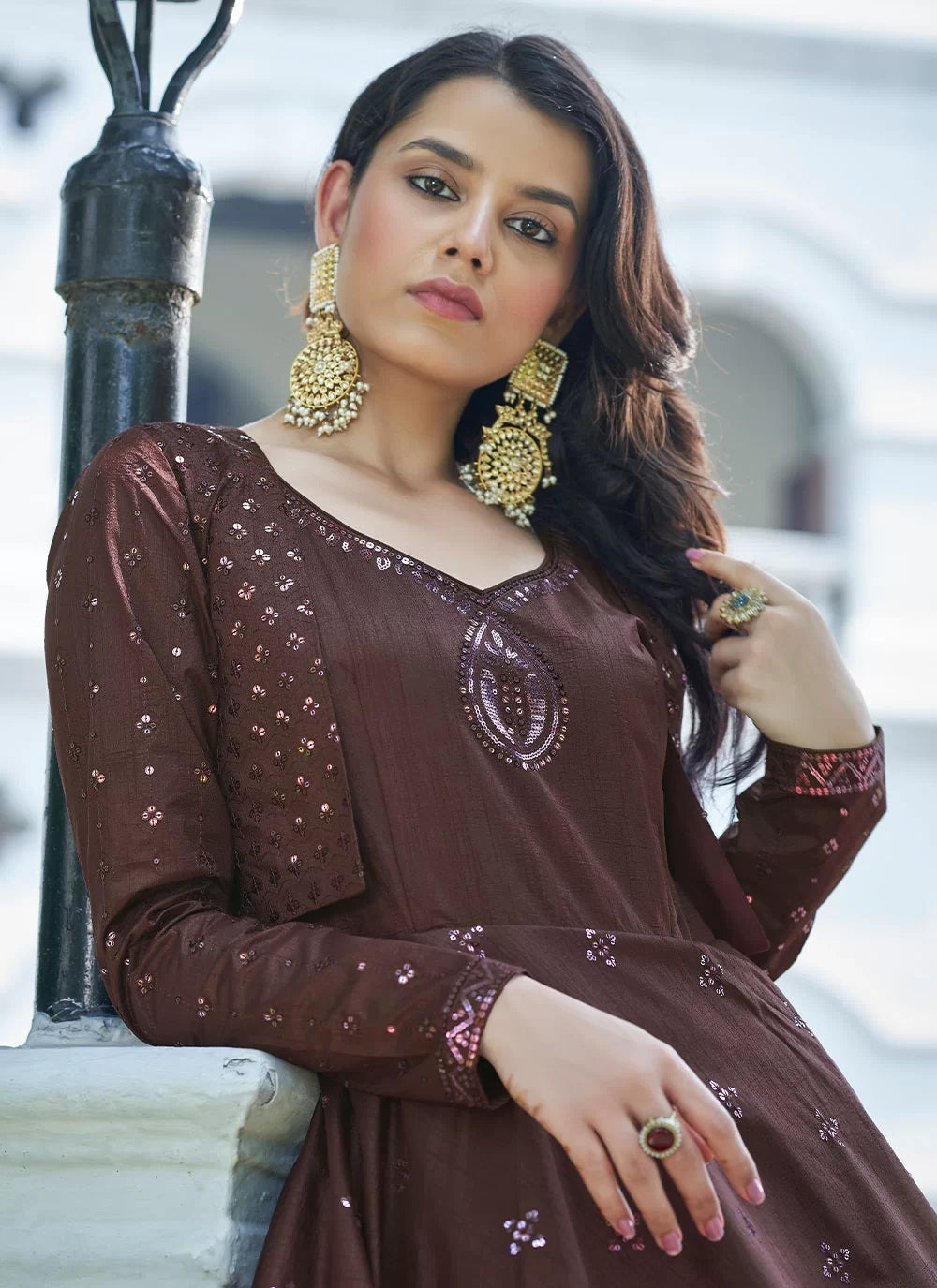 Brown Color Embroidered Cotton Koti Style Gown