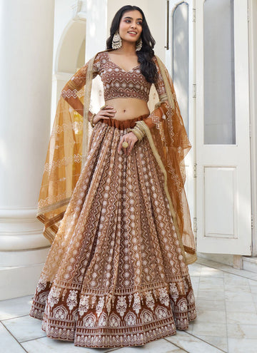Brown Net Thread and sequins Work Indian Wear Lehenga