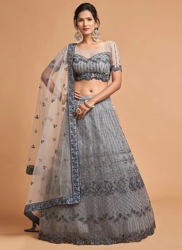 Ceremonial Zari Net A Line Lehenga Choli In Grey