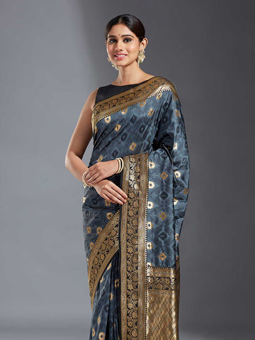 Charcoal & Golden Satin Paisley Zari Woven Banarasi Saree