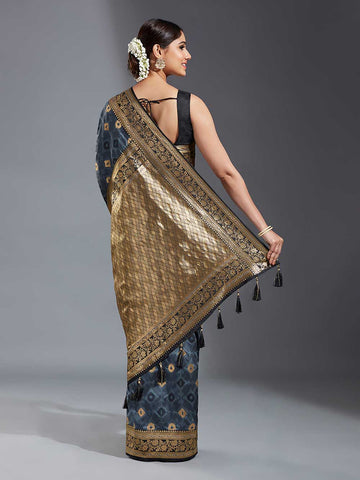 Charcoal & Golden Satin Paisley Zari Woven Banarasi Saree