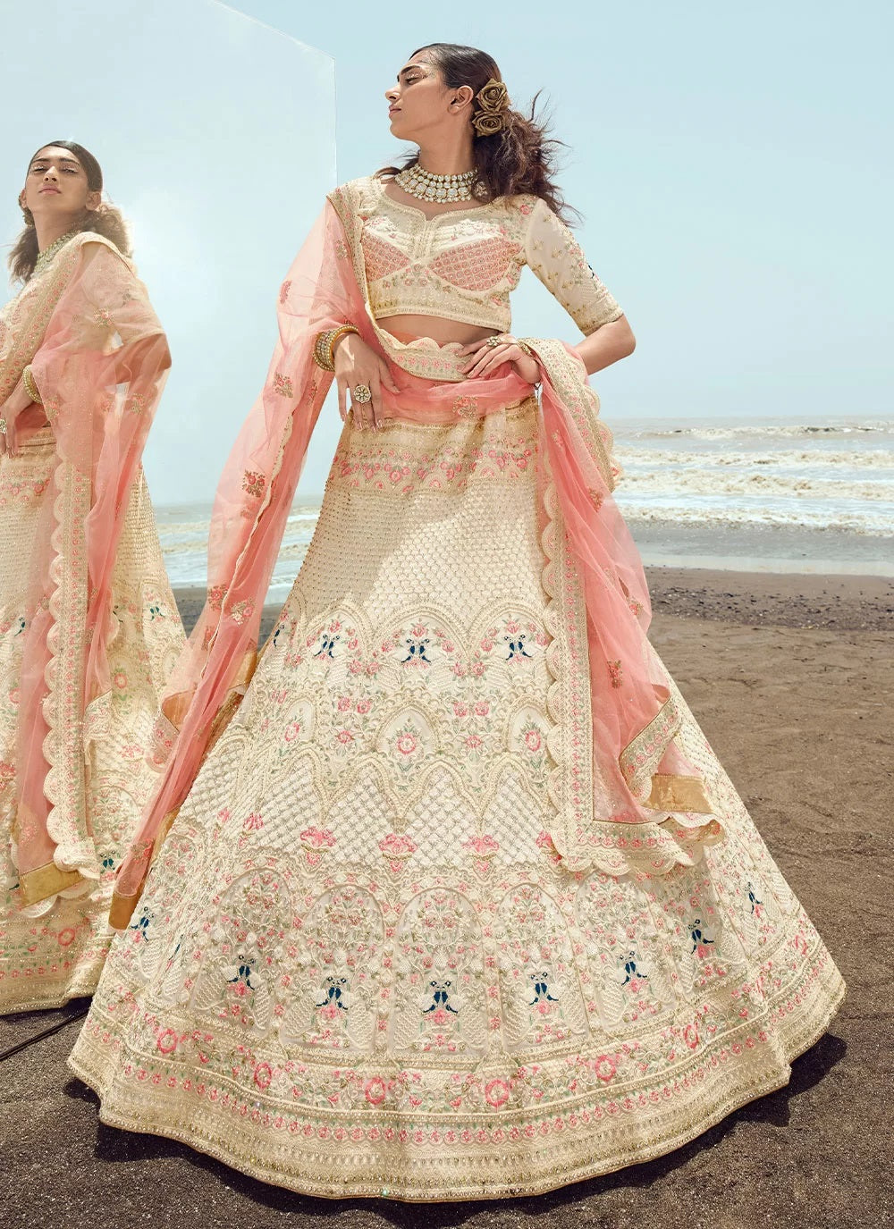 Cream Embroidered and Dori Work Wedding Lehenga Choli