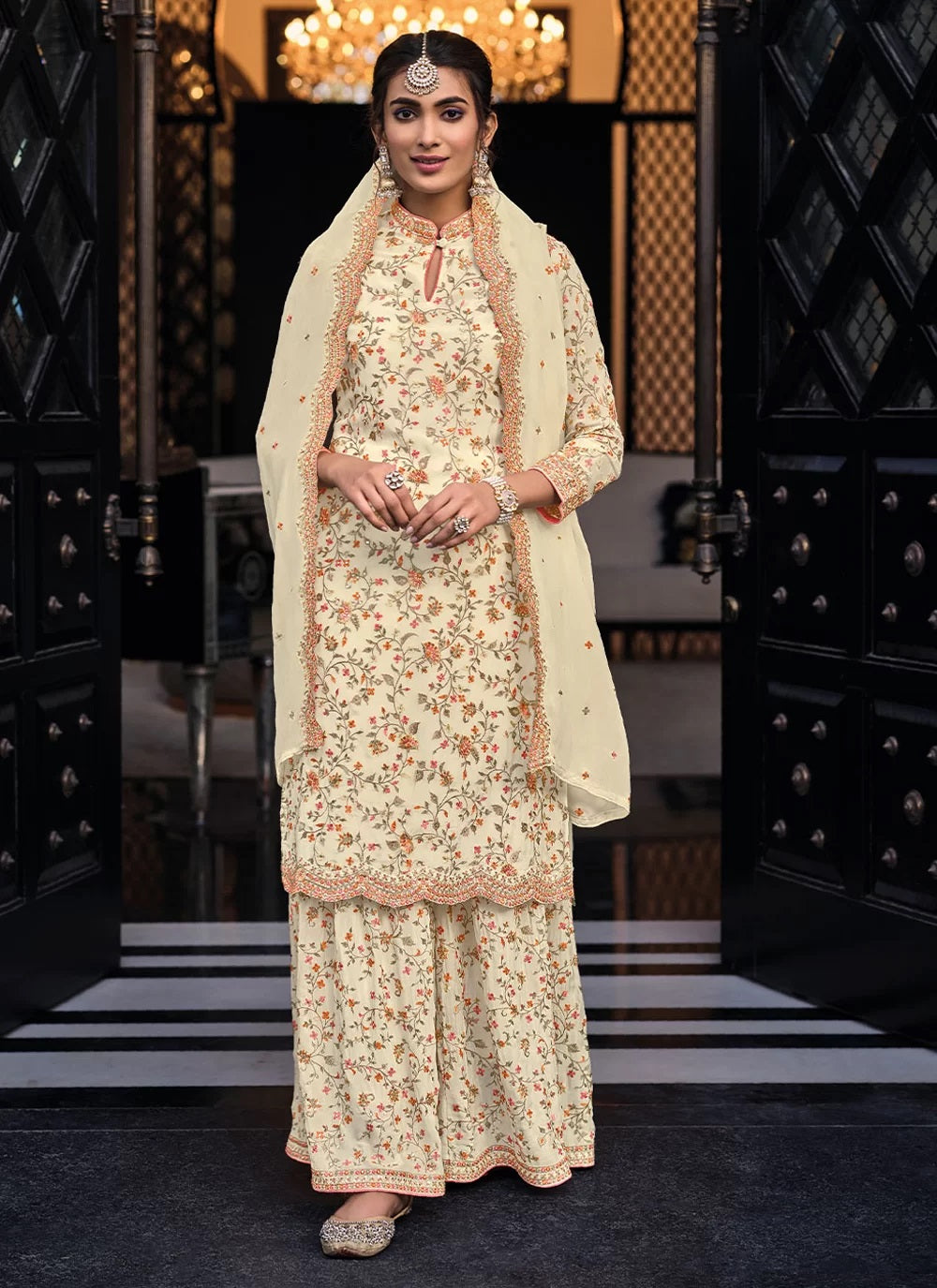 Cream Embroidered Palazzo Salwar Suit