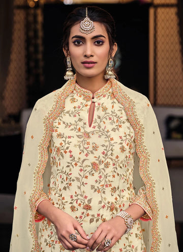 Cream Embroidered Palazzo Salwar Suit