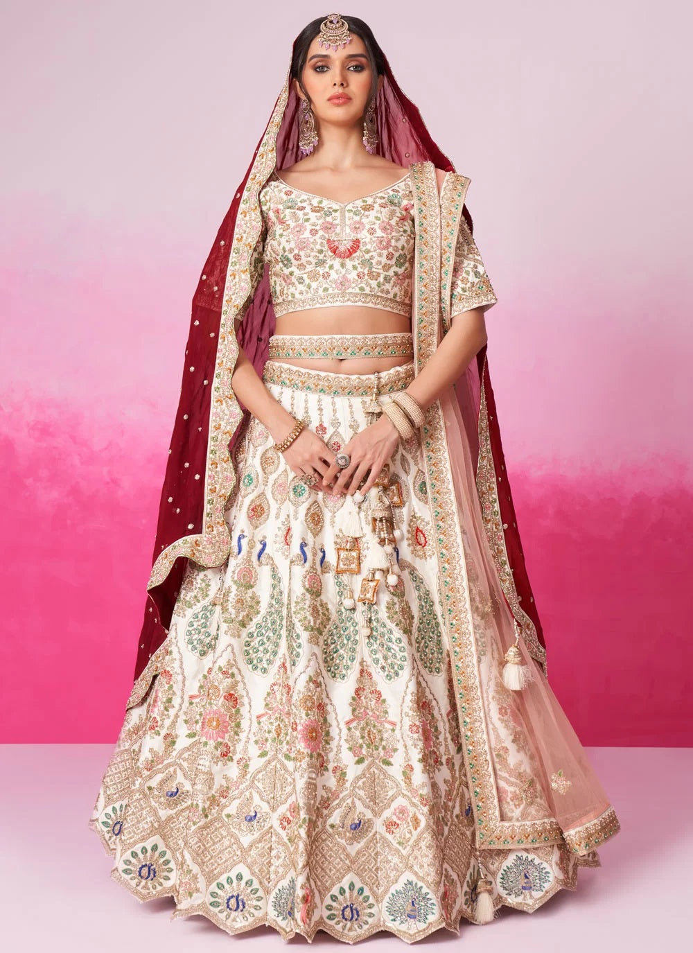 Cream Silk Indian Wedding Wear Lehenga For Bride