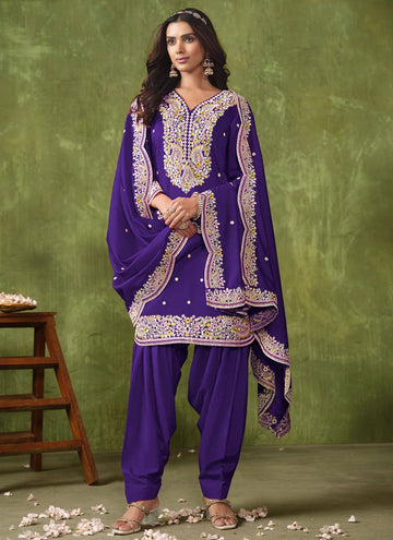 Violet Color Embroidered Patiyala Suit