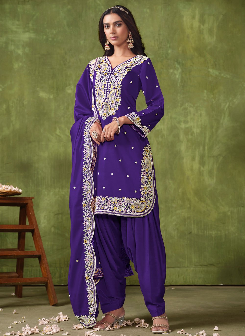 Violet Color Embroidered Patiyala Suit