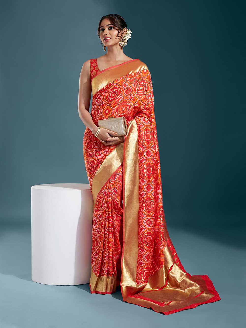 Crimson and Gilded Satin Paisley Zari with Bandhni Banarasi Saree