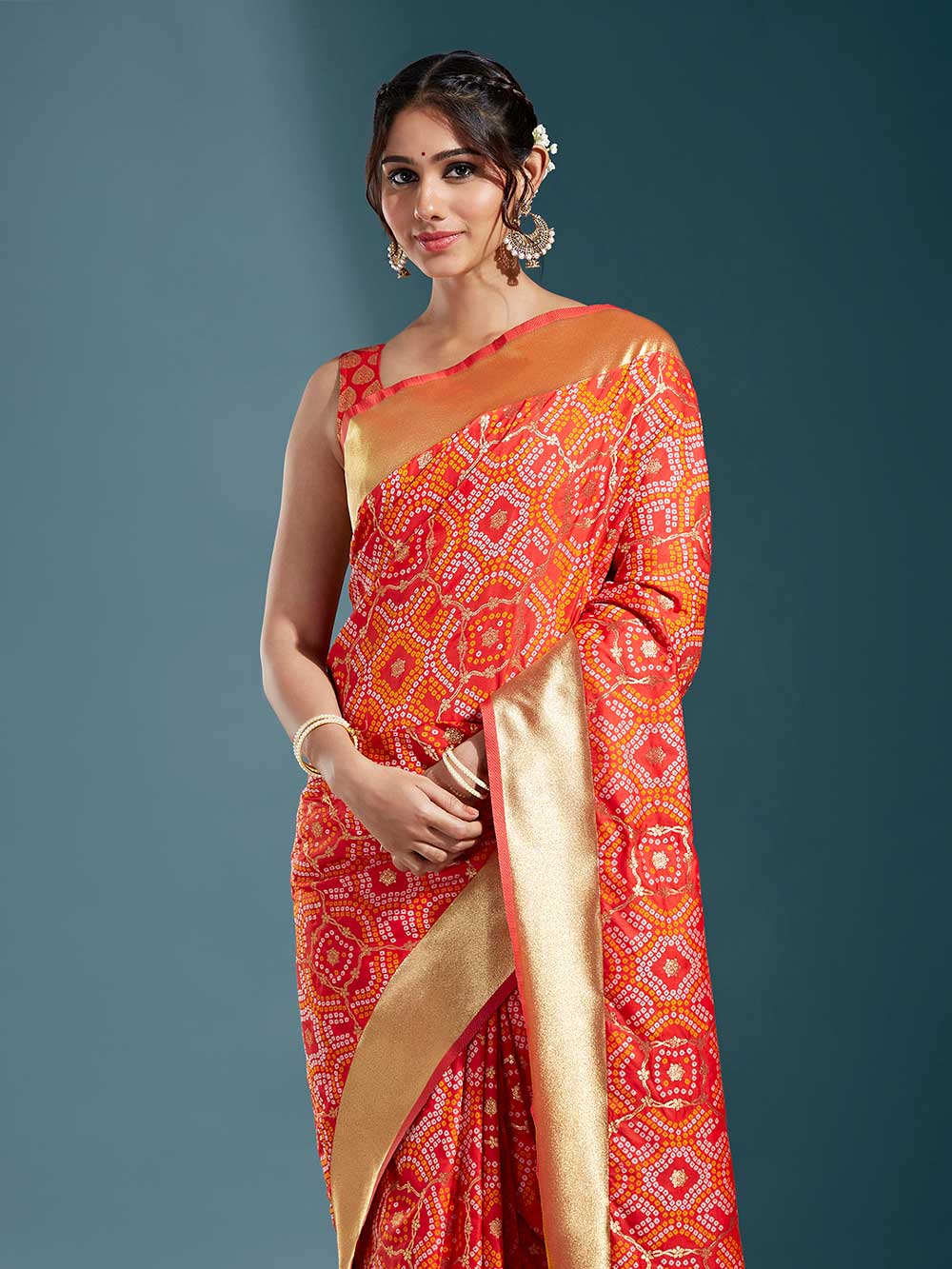 Crimson and Gilded Satin Paisley Zari with Bandhni Banarasi Saree