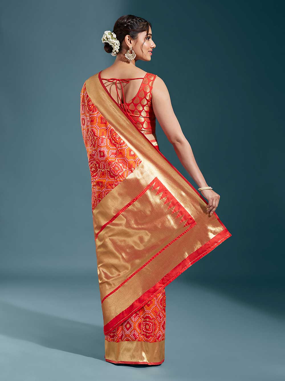 Crimson and Gilded Satin Paisley Zari with Bandhni Banarasi Saree