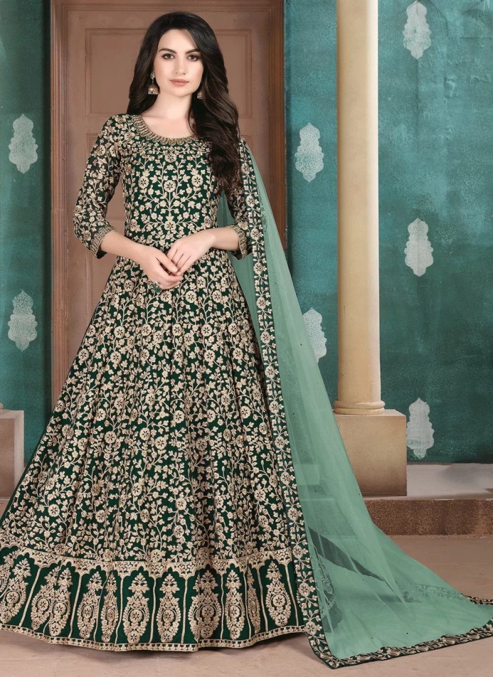 Dark Green Embroidered Georgette Anarkali Suit