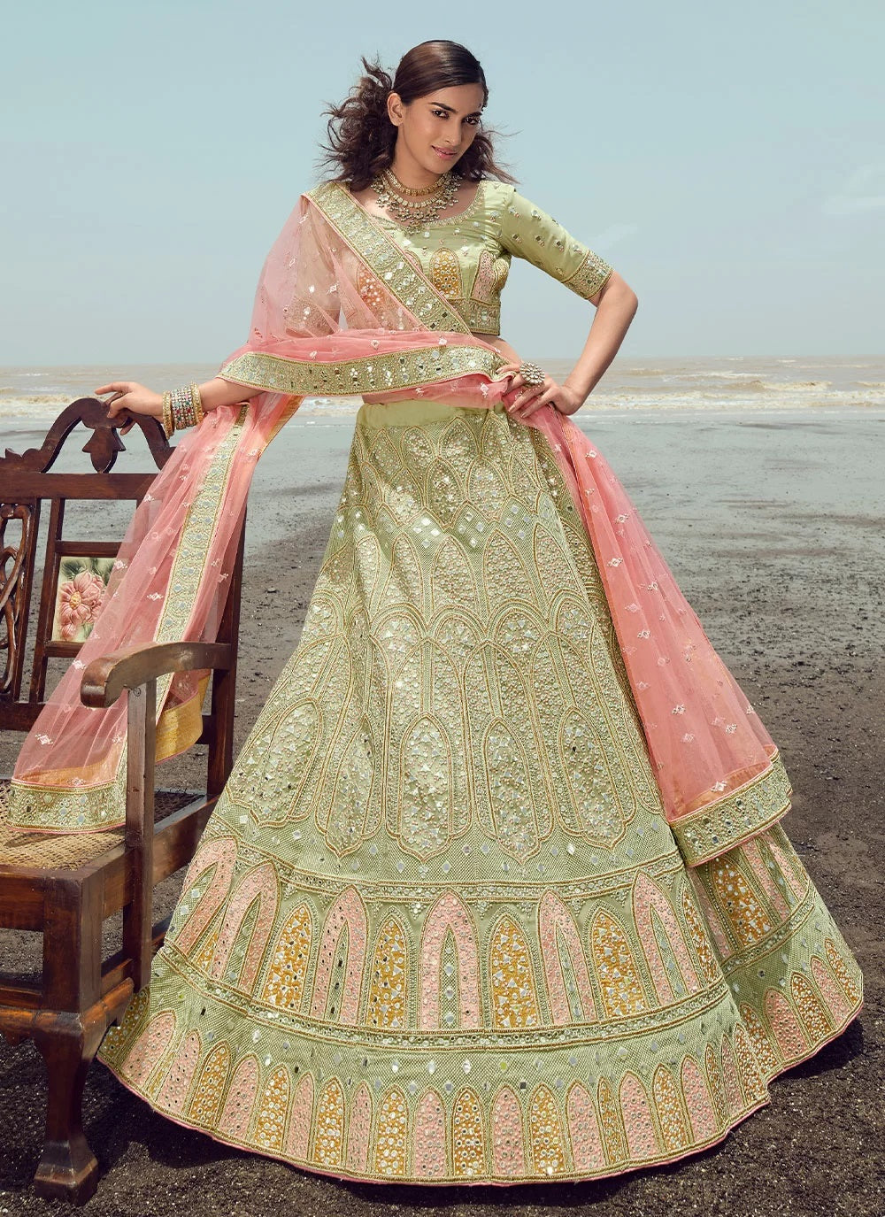 Designer Organza Green Gota Work Lehenga Choli