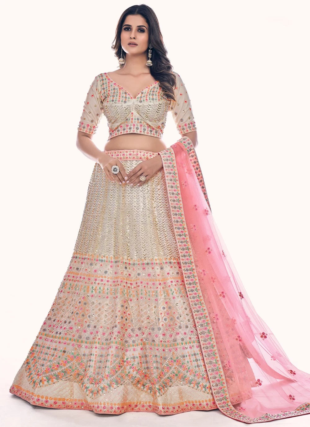 Dori and Thread Work Net Wedding Lehenga Choli In Off White