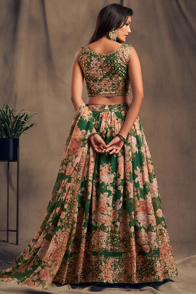 Green Zari Embroidery Organza Occasional Wear Semi Stitched Lehenga