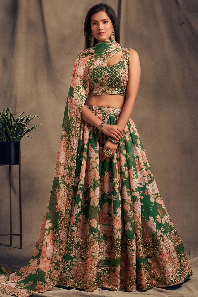 Green Zari Embroidery Organza Occasional Wear Semi Stitched Lehenga