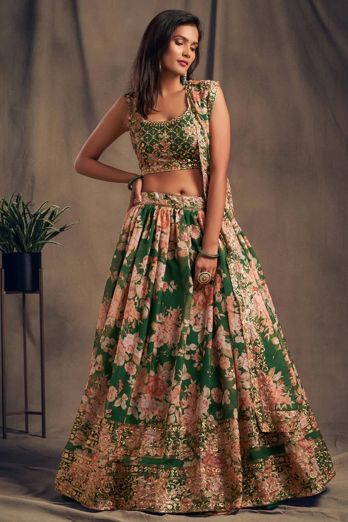 Green Zari Embroidery Organza Occasional Wear Semi Stitched Lehenga