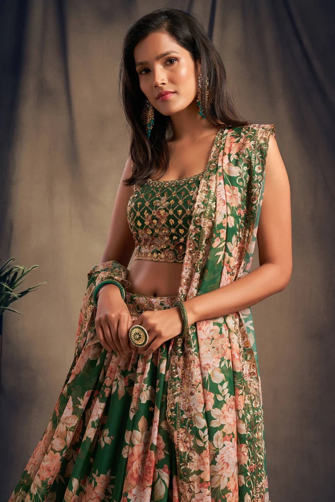 Green Zari Embroidery Organza Occasional Wear Semi Stitched Lehenga