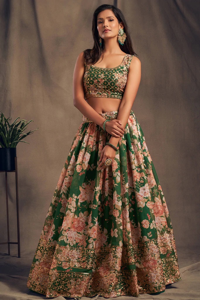 Green Zari Embroidery Organza Occasional Wear Semi Stitched Lehenga