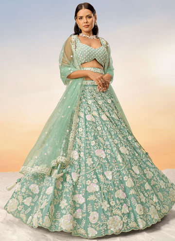 Seagreen Poly Georgette Engagement Lehenga with Heavy Zarkan and Sequins