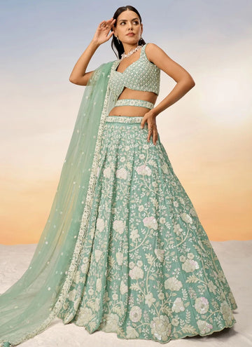 Seagreen Poly Georgette Engagement Lehenga with Heavy Zarkan and Sequins