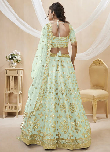 Embroidered Art Silk Designer Lehenga Choli In Sea Green