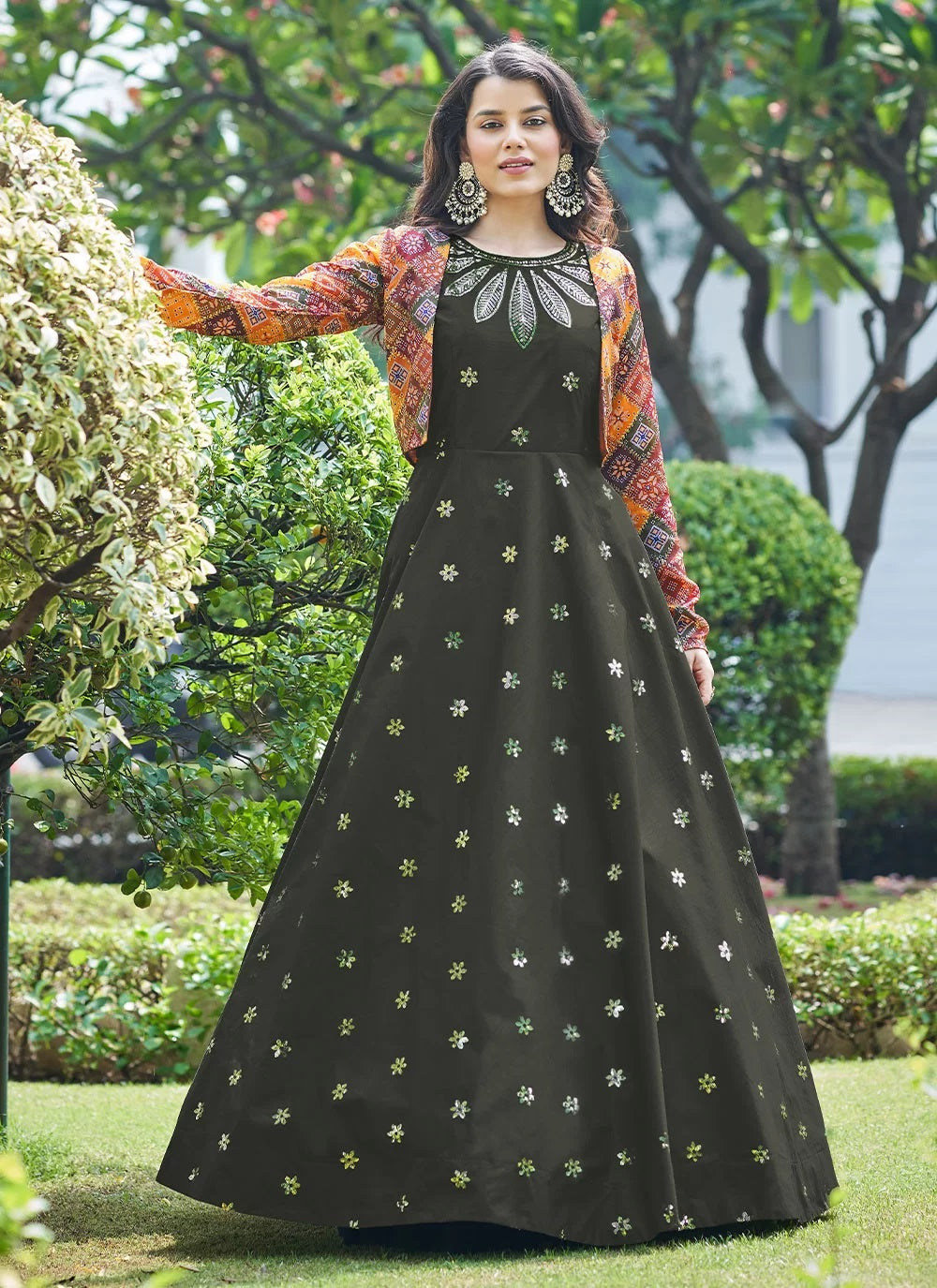 Embroidered Cotton Designer Gown In Green