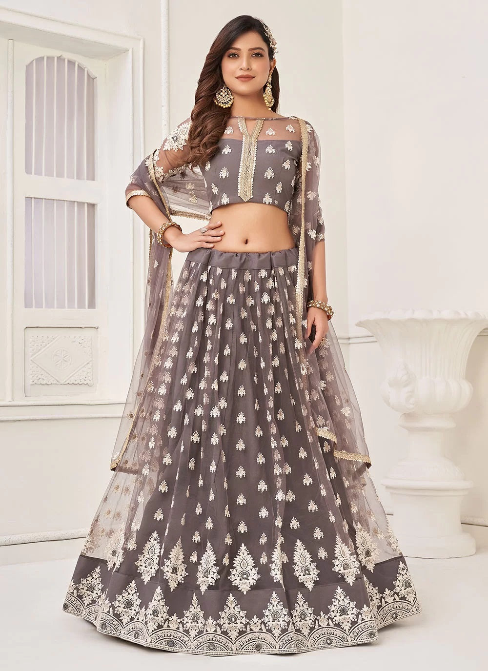 Embroidered, Sequins And Thread Work Net Wedding Lehenga In Grey