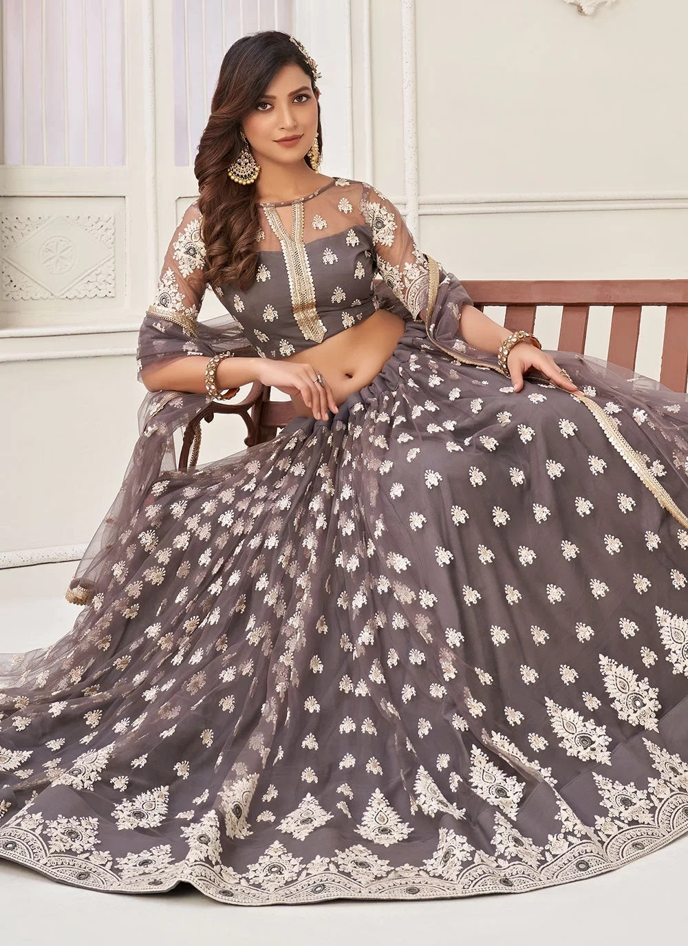 Embroidered, Sequins And Thread Work Net Wedding Lehenga In Grey