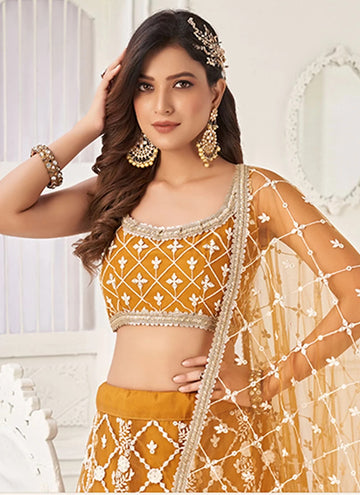 Yellow Embroidered, Sequins And Thread Work Net Lehenga Choli